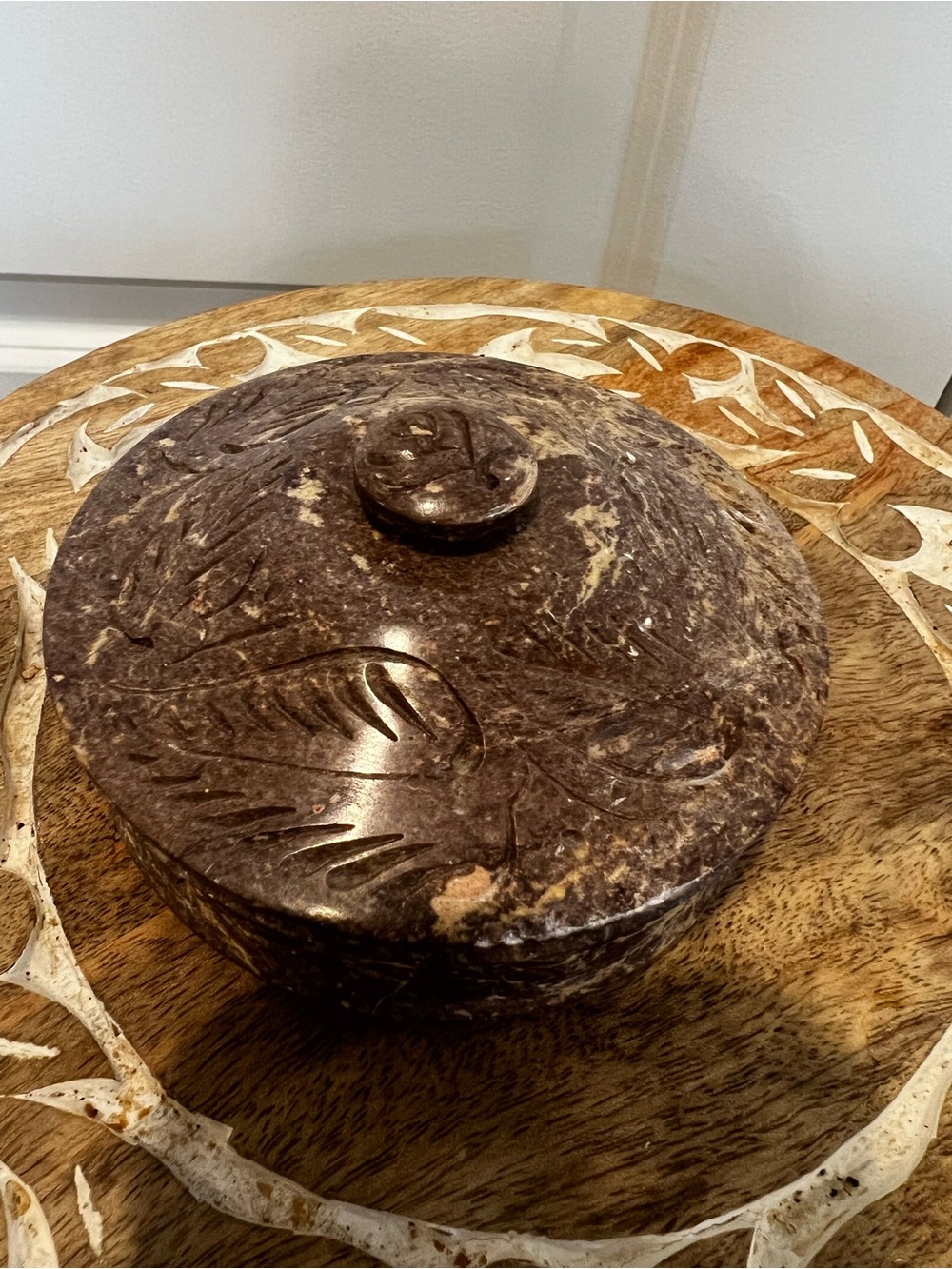 Kokopelli Carved Soapstone Round Decorative Lidded Box in Dark Brown
